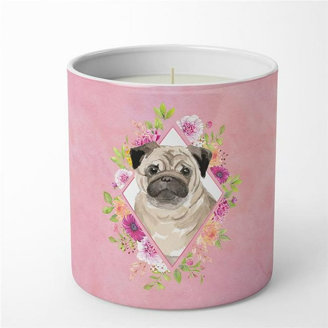 10 oz Fawn Pug Pink Flowers Decorative Soy Candle