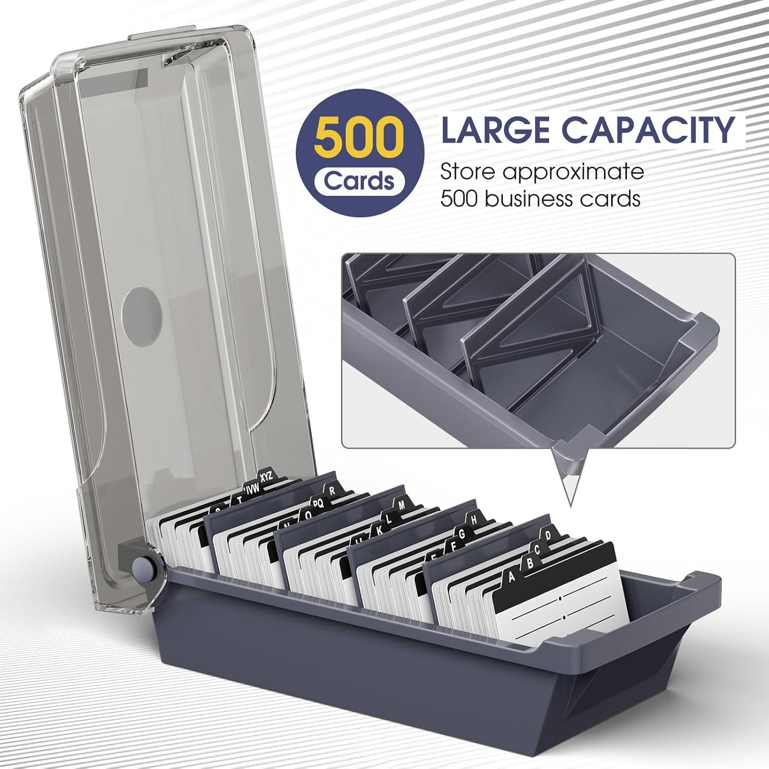 Desk, Large Plastic Business Card Organizer Box with Lid, Credit Cards Holder File Storage Case for Office & Home, Holds 500 3.5” x 2.2” A-Z Index Tabs, Gray