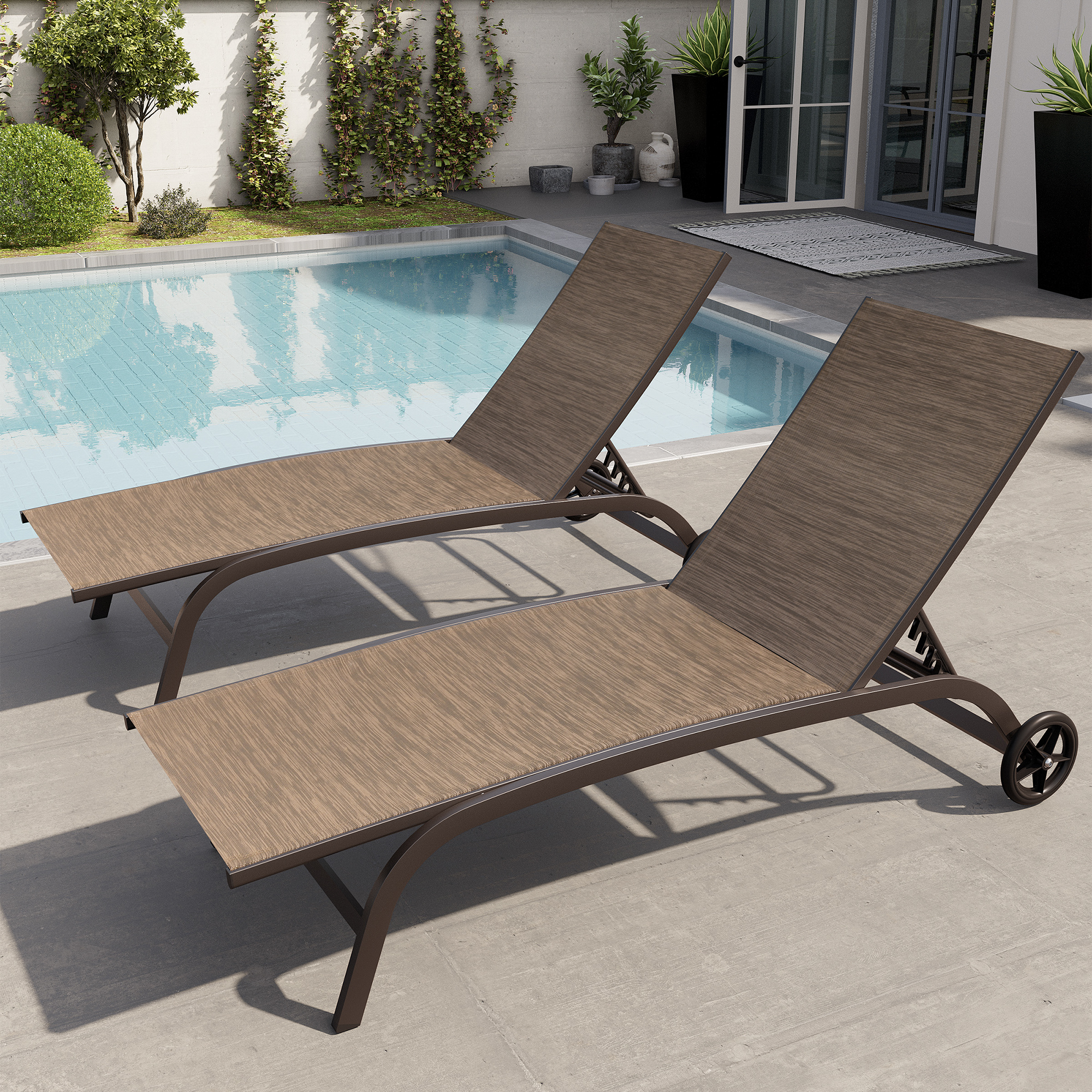 Crestlive Products Set of 2 Adjustable Aluminum Chaise Lounge Chairs & Wheels, Brown - image 3 of 8