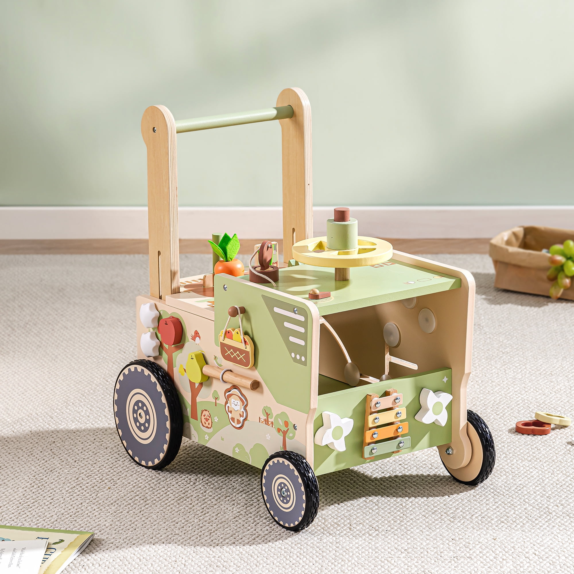 Robud Wooden Baby Walker for 10+ Months, Adjustable Speed & Height Learning Push Toy Montessori Activity (Rustic Farm Adventure Theme)