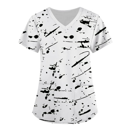 

Cakiesky Womens Plus Scrubs Funny V Neck Short Sleeve Working Uniform White S