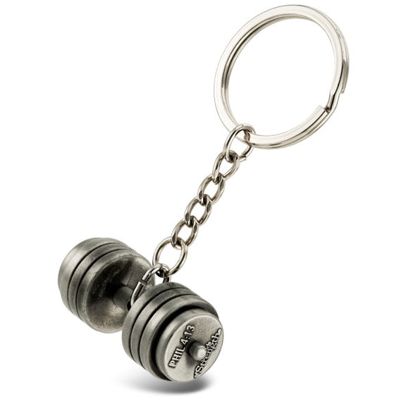 Antique Finish Stack Plate Dumbbell Key Chain Phil 4:13 by Shields of Strength