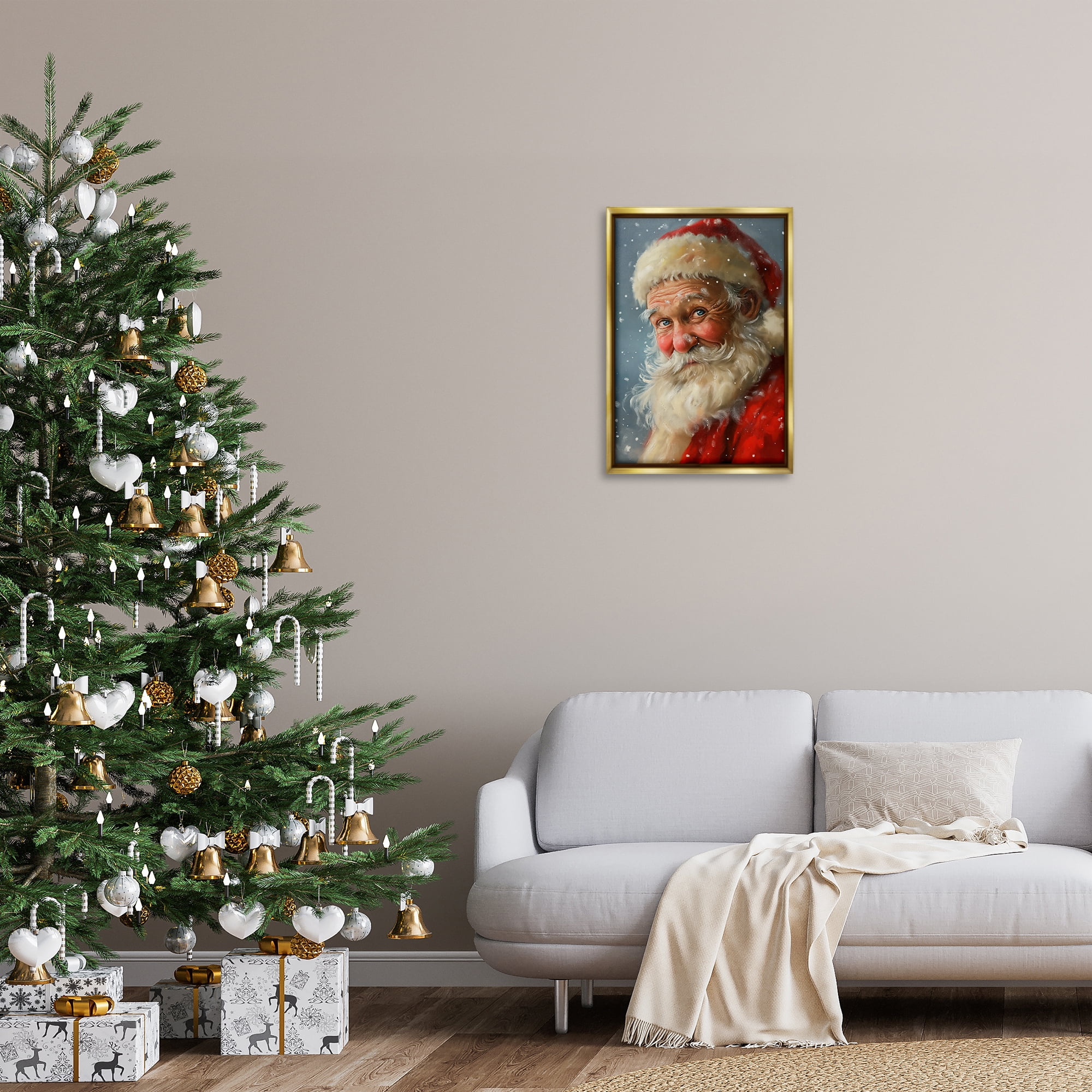 Stupell Industries Rosy Santa Portrait Holiday Painting Gold Floater Framed Art Print Wall Art, 17 x 25