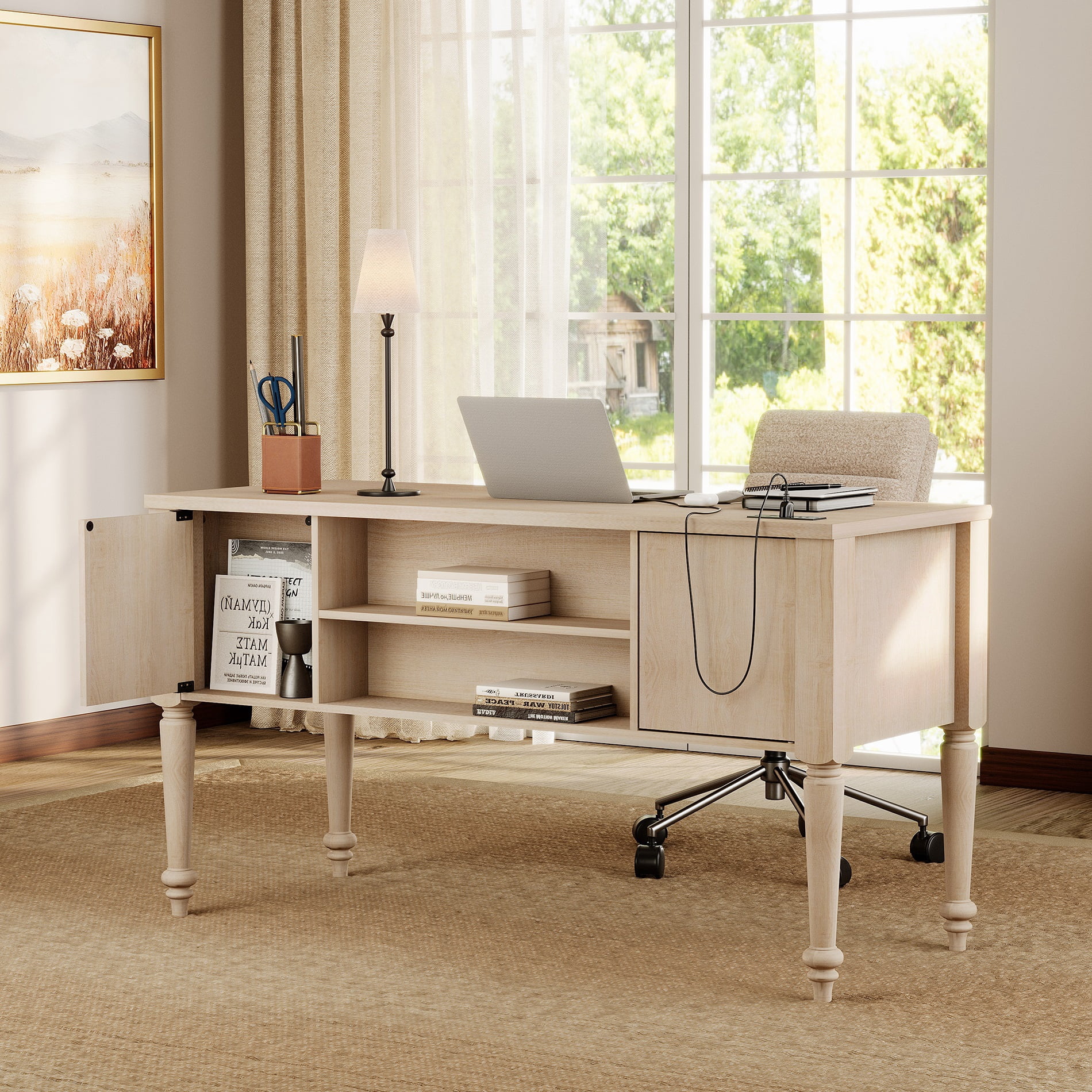 Vanity Desk with 5 Drawers, Home Office Desk with Charging Station, No Mirror, Makeup Vanity Dressing Table with Rear Cabinet Storage, Door, Open Shelf for Bedroom, Beige
