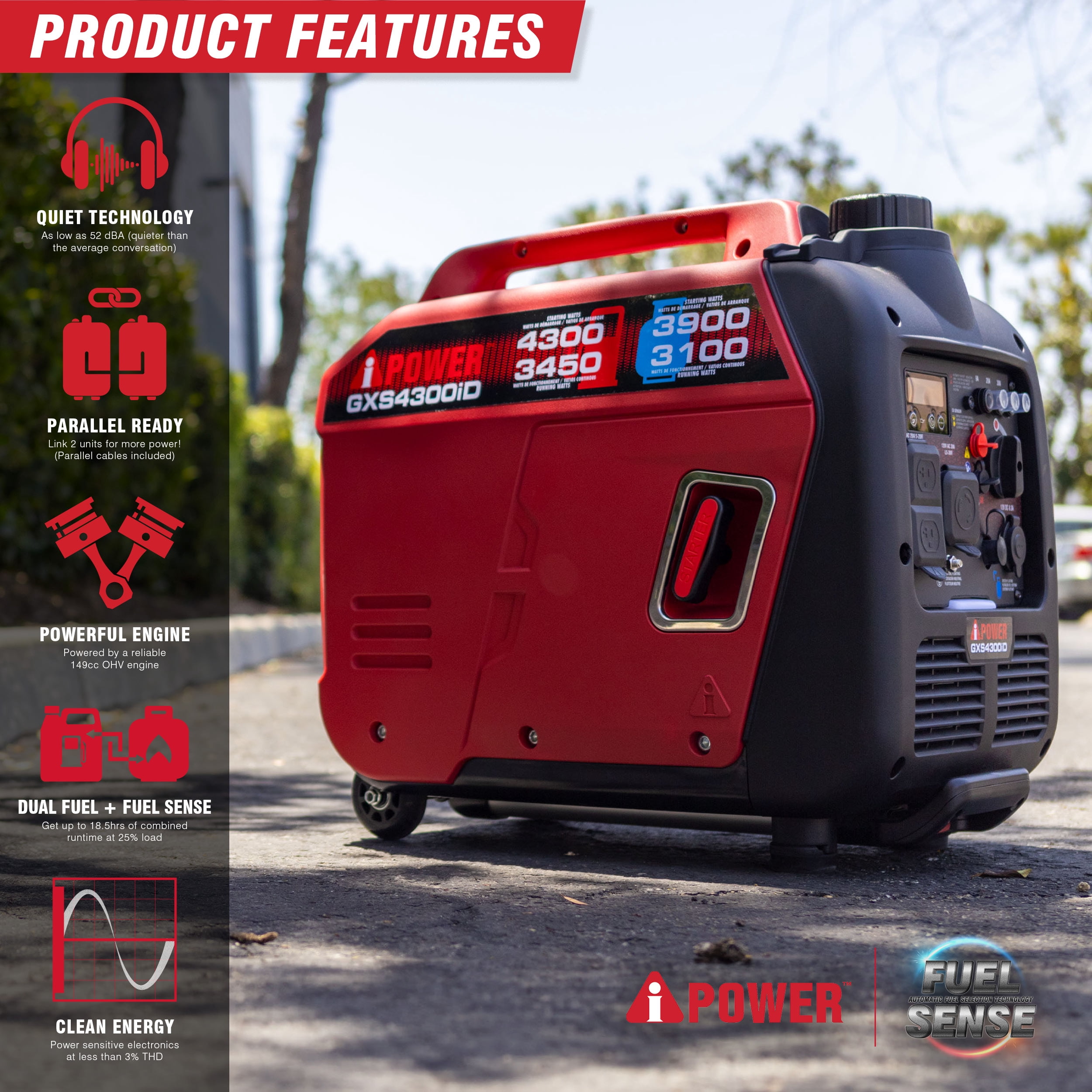 A-iPower 4300-Watt Dual Fuel Inverter Generator with Recoil Start and CO Sensor