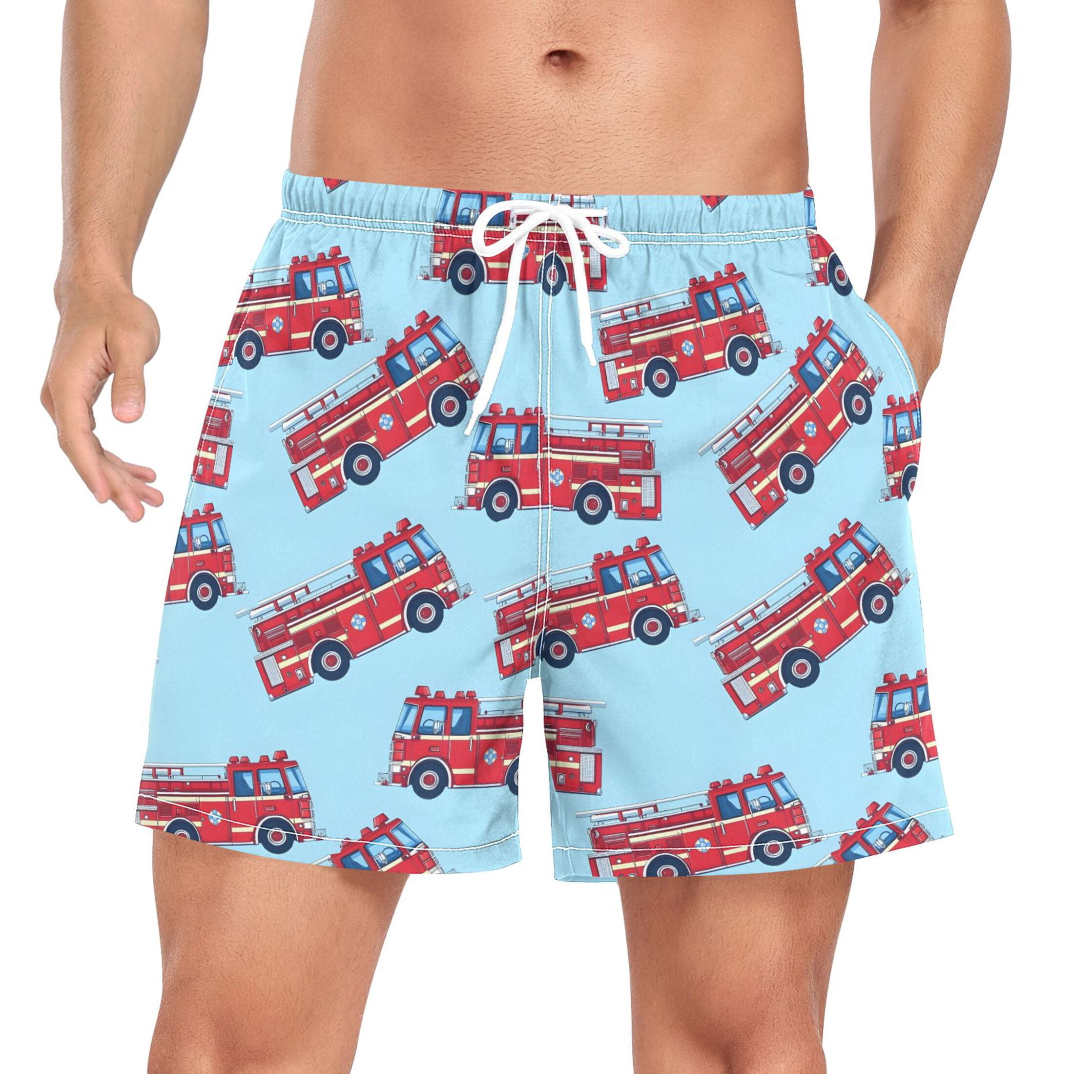 joogoo Men's Cartoon Fire Trucks Swim Trunks with Liner Pocket Beach Shorts XXL