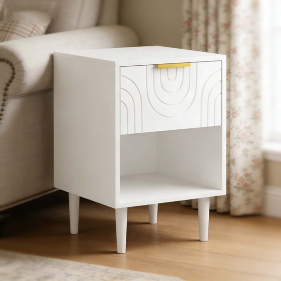 White Space-Saving Nightstand with Gold Handle Drawer, Modern Wood Leg Bedside Table, Kids Night Stand for Boys Girls Small Bedrooms