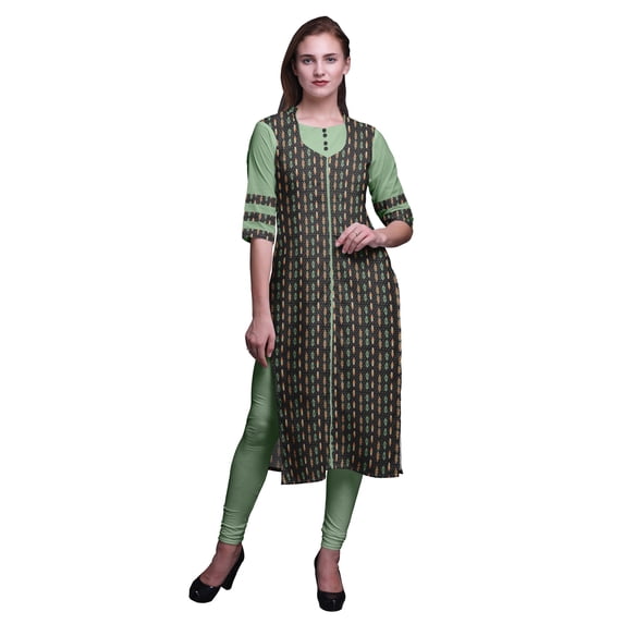 Bimba Rayon Slub Indian Printed Straight Kurta 3/4 Sleeve Tunic Dress For Women