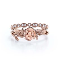 Vine Leaf Ring, Boho & hippie 1.50 Carat Round Cut Morganite And Diamond Moissanite Engagement Ring, Wedding Ring in 10k Solid Rose Gold, Gift, Promise Ring For Her, Bridal Set, Matching Band