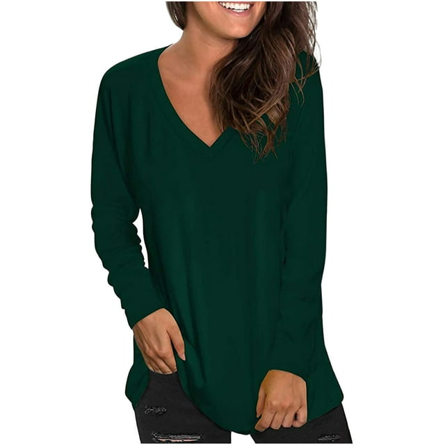 CEHVOM Mode Femmes Couleur Unie Manches Longues Confortable Respirant Chemise Col en V Hauts