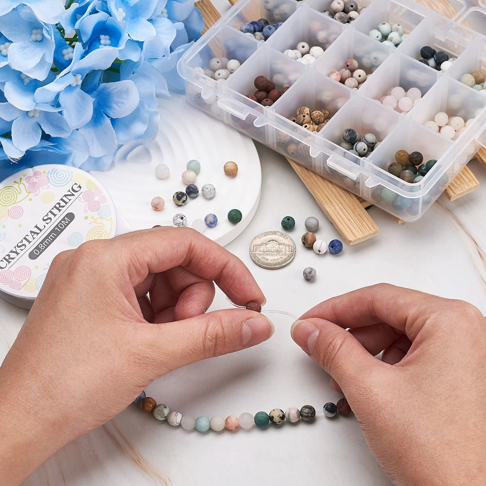 450Pcs 15 Style DIY Stretch Bracelets Making Kits Including Gemstone Round Beads and Elastic Thread 6~6.5mm Hole: 1mm 30pcs/style