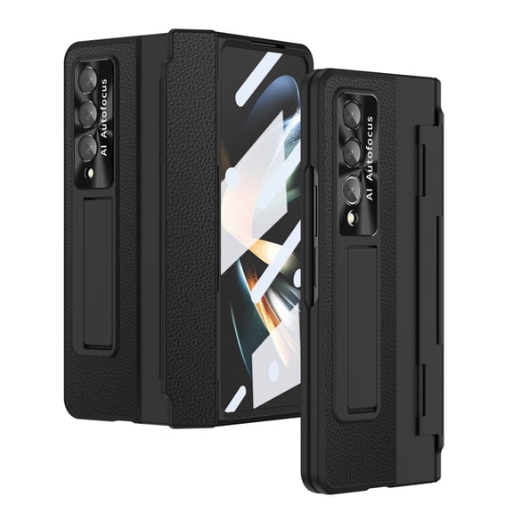 Corliven for Samsung Galaxy Z Fold 4 Case with Tempered Glass Screen Protector, Hard PC Hinge Protection and Kickstand, Black