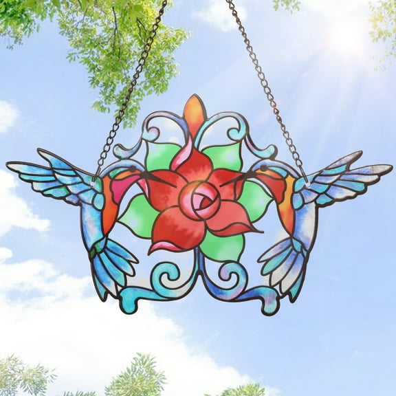 2PCS Glass Hummingbird Art Wall Decor-Hummingbird Stained Glass Decor Bathroom Glass Art Iron Sculpture Outdoor Hanging Decoration for Home Bedroom Garden Patio Porch or Fence