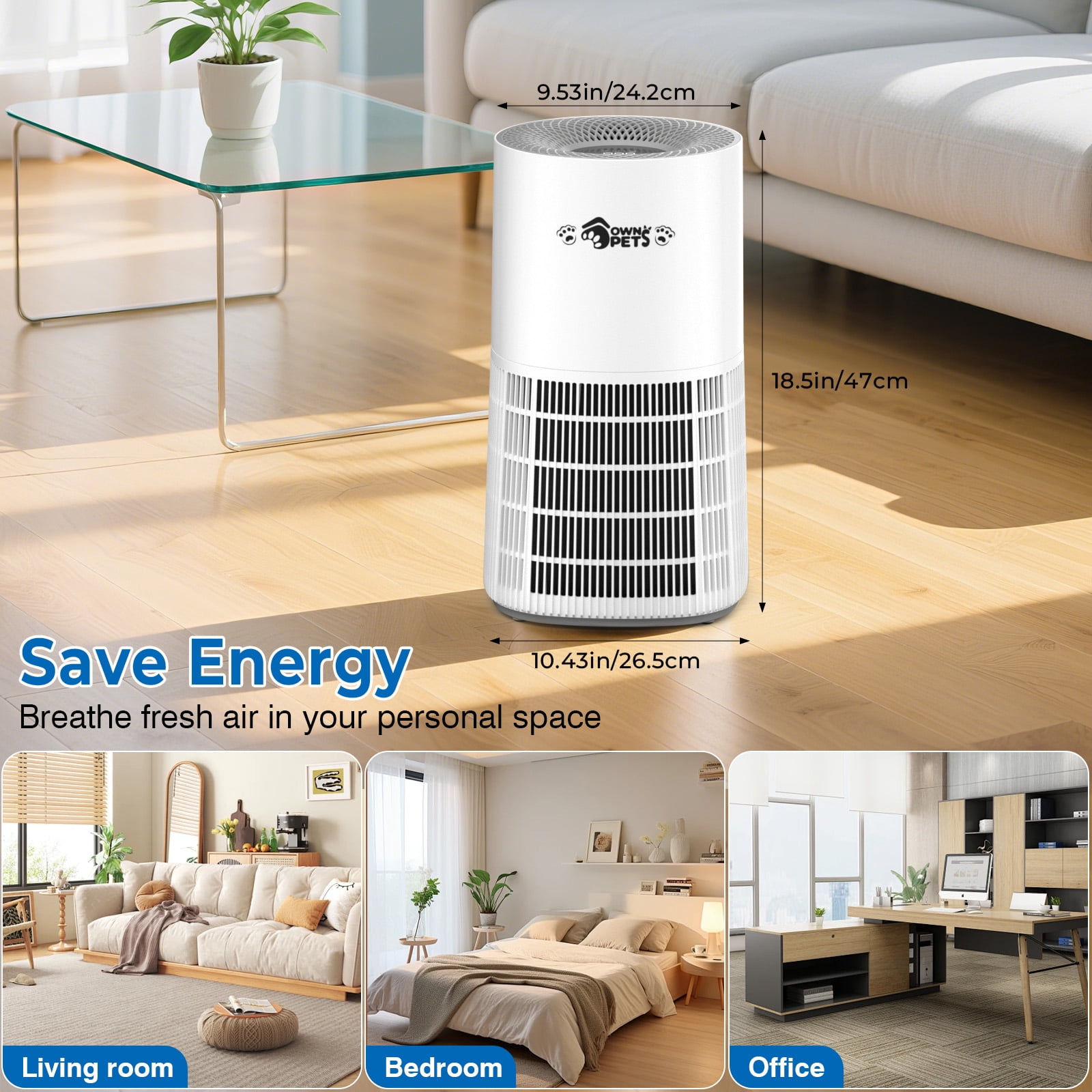 Ownpets Pet Air Purifier for Large Room up to 2620 ft², H13 HEPA Washable Filter for Pet Odor Hair Dander Pollen, Quiet Air Cleaner with Air Quality Monitor