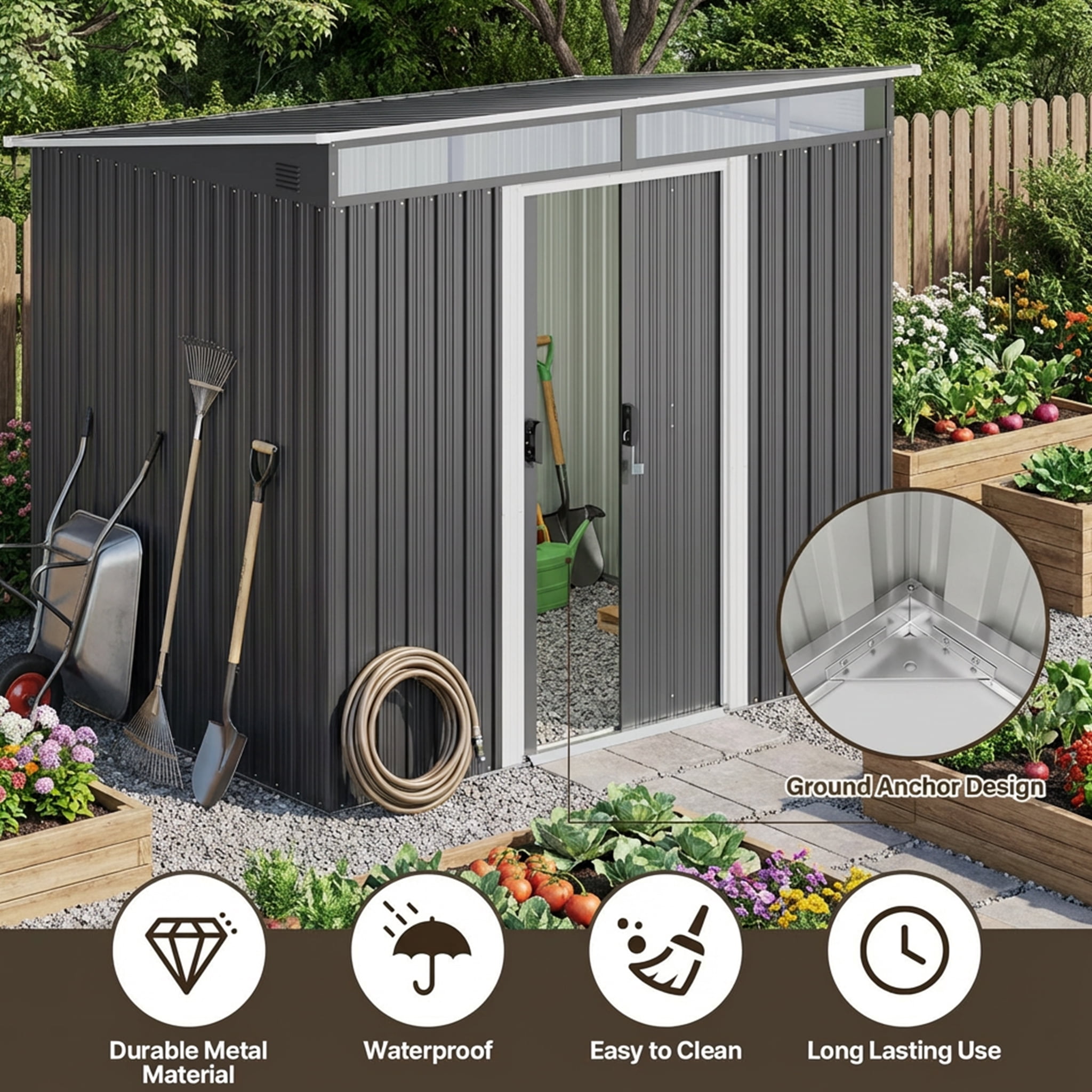 8x6 ft Outdoor Storage Shed with Double Lockable Doors - Weather-Resistant Garden Shed in Gray