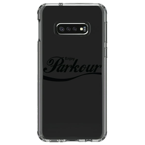 DistinctInk Clear Shockproof Hybrid Case for Samsung Galaxy S10e (5.8" Screen) - TPU Bumper Acrylic Back Tempered Glass Screen Protector - Enjoy Parkour