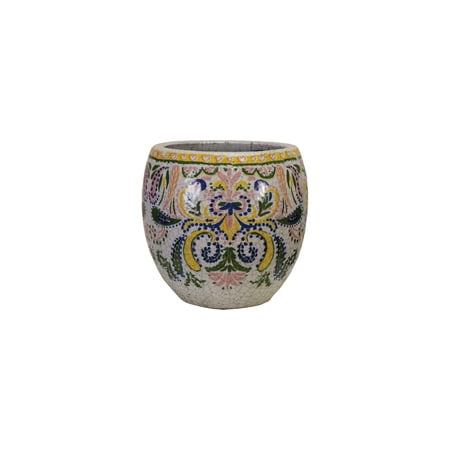 Creative Co-Op Large Terra-cotta Planter with Floral Pattern, Crackle Glaze, Multicolor