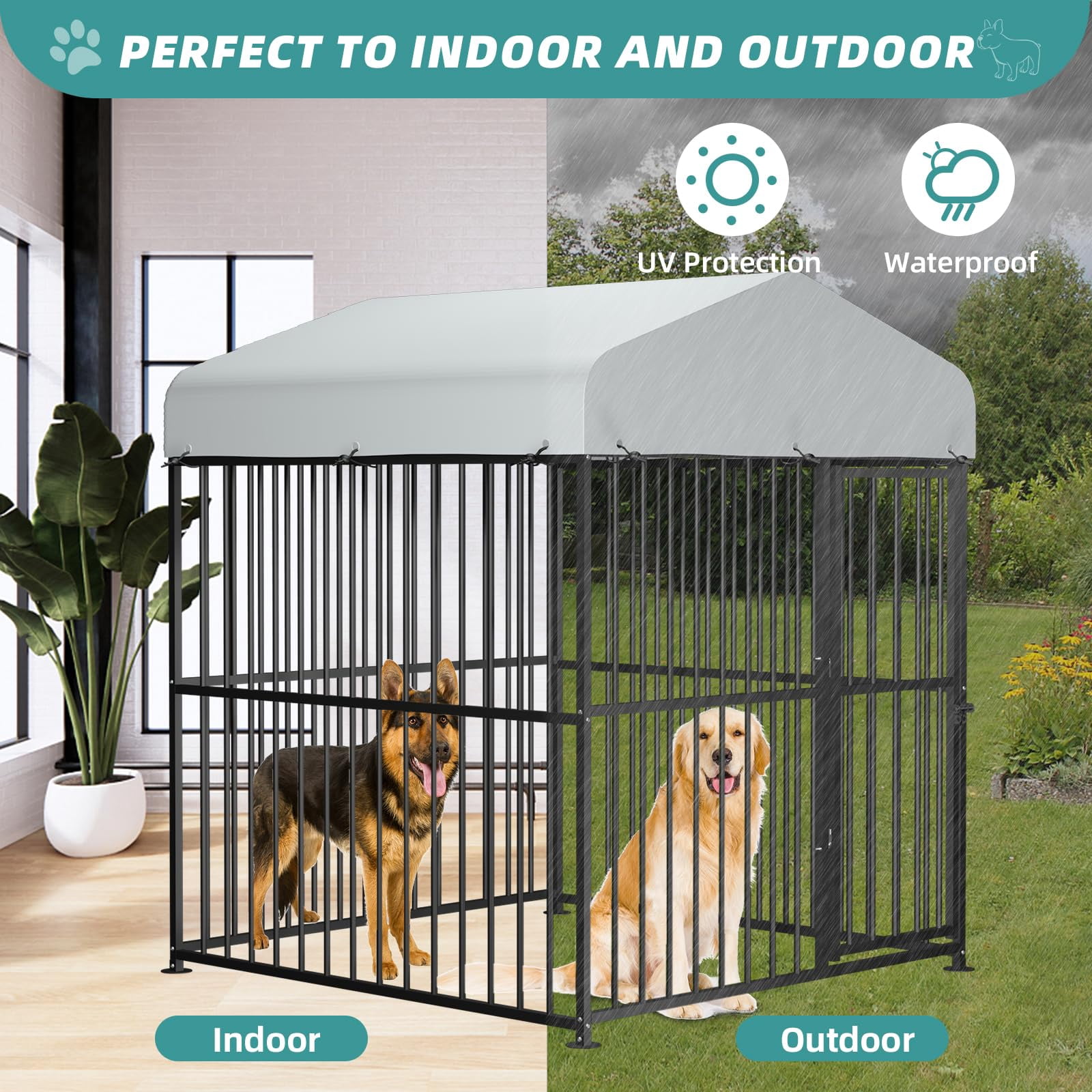 MEETWARM Large Outdoor Dog Kennel, Metal Heavy Duty Outdoor Indoor Pet Playpen, Anti-Rust Outdoor Dog Fence Dog Pens with Anti-UV & Waterproof Top Cover and Secure Lock for Backyard, 6'L x 6'W x 6'H