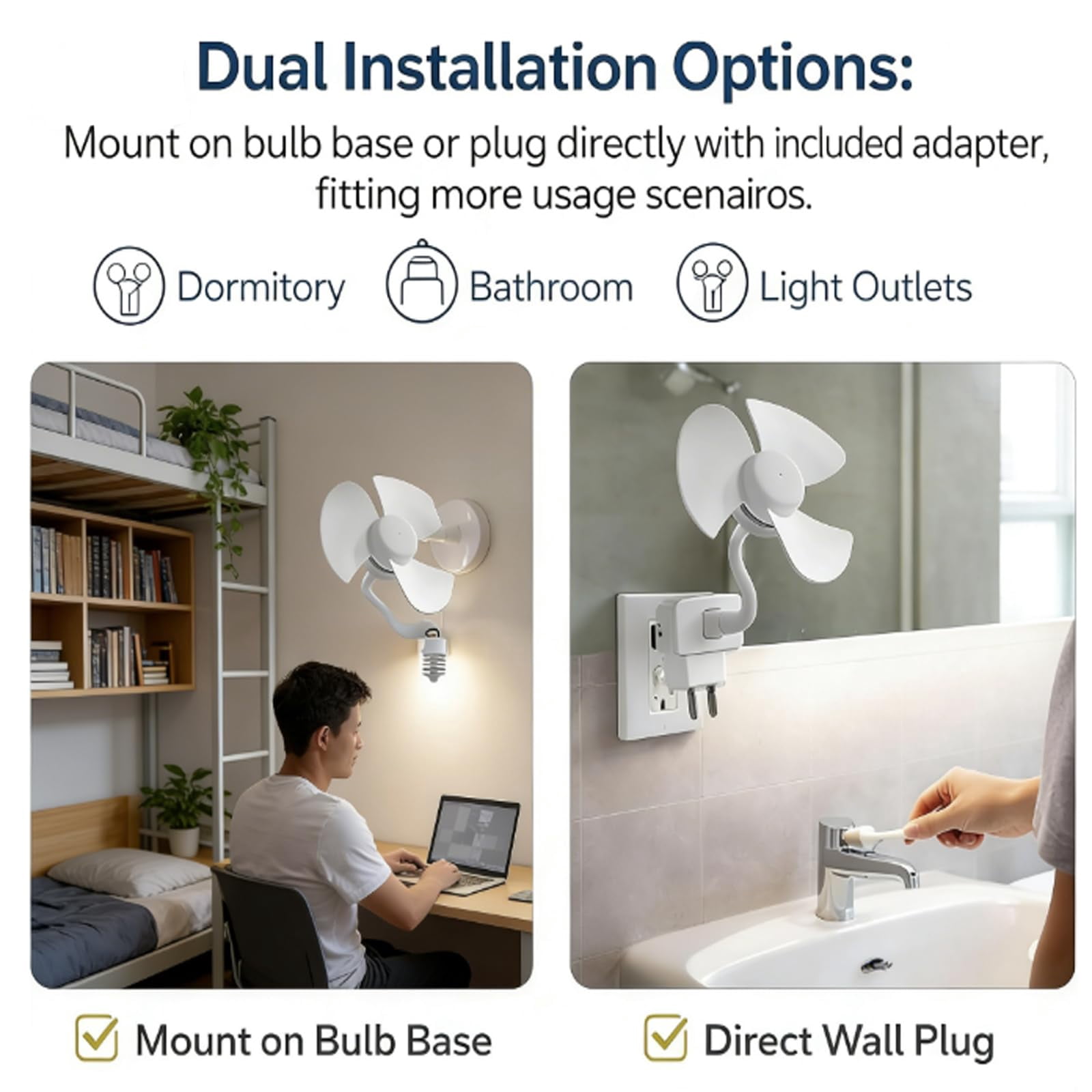 Socket Fan Kit with Plug Adapter, Mini Quiet Electric Fan with, Multifunctional and Adjustable Angle Mini Quiet Electric Fan for Home, Kitchen, Bathroom, Office & Dormitory (2pcs)