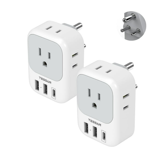 Adaptador de viaje TESSAN tipo D India Plug, paquete de 2 con puertos USB