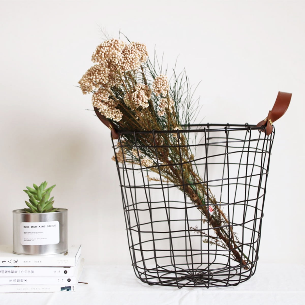Black Metal Wire Basket Waste Paper Bin Storage Flowerpot Rattan