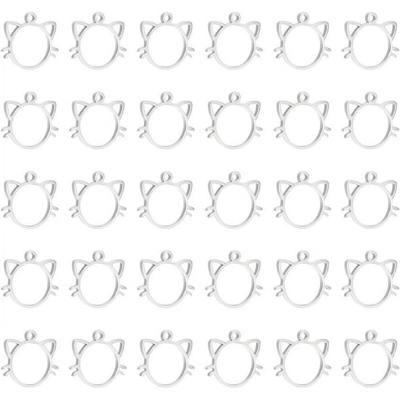 30pcs 304 Stainless Steel Charms Cat Head Charms Pendant Metal Small Pendant Cute Animal Hollow Charms for DIY Necklace Bracelet Jewelry Making Stainless Steel Color 1 Box