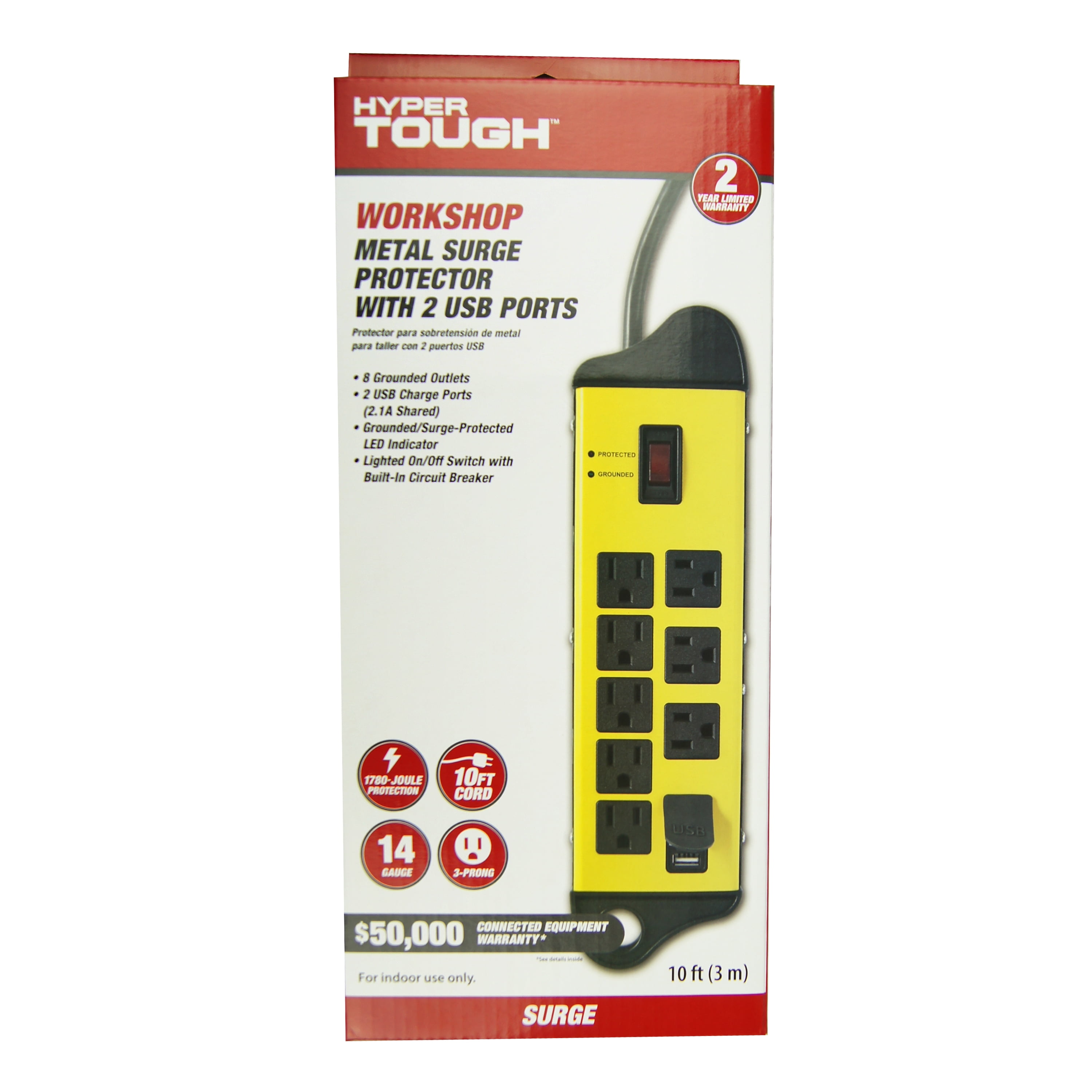 Hyper Tough 8 Outlet 10ft Metal Surge With 2 Usb Yel by KAB Enterprise Co., Ltd.