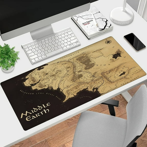 1pc Middle Earth Map Large Gaming Mouse Pad - Deskpad Mat with Stitched Edges, 31.5x11.8 inch,Non-Slip Waterproof Rubber Base Mouse Pad