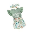 thumbnail image 2 of Yunliwuli Baby Girl Summer Outfits Letter Print Lace Fly Sleeve Rompers Elastic Waist Floral Print Belt Shorts Headband 3Pcs Clothes Set, 2 of 10