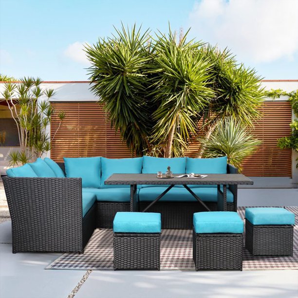AECOJOY 7 Piece Patio Conversation Set, Outdoor Sectional Sofa Rattan Wicker Dining Furniture
