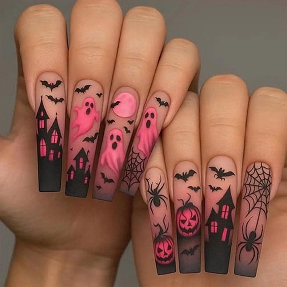 24 Pcs Long Square Halloween Press on Nails, Halloween Pumpkin Ghost Bat Spider Web Wearable False Nails, Spooky Fake Nail Art Tips for Cosplay Trick-or-Treat Party Manicure Decor