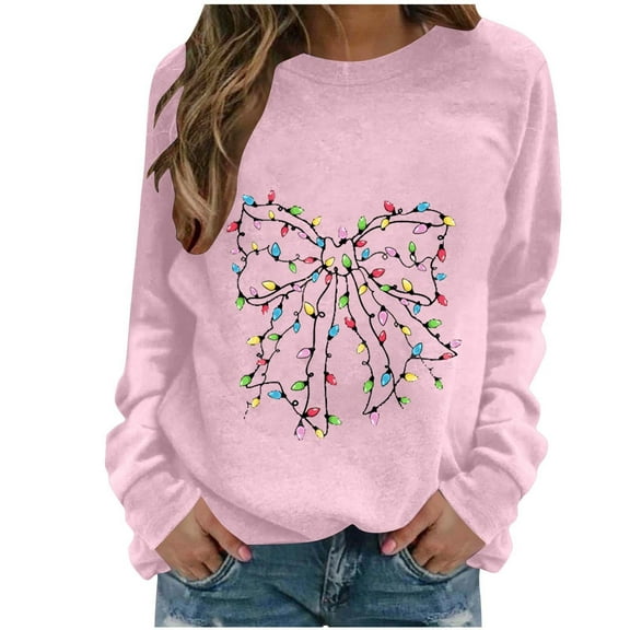 successthop Christmas Womens Sweatshirt Bow FLeece Oversized Crewneck Long Sleeve Sweater Casual Clothes Print Tops Pink