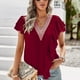 thumbnail image 2 of Camisa de manga corta para mujer, cuello en V profundo, empalme de encaje con volantes, Color puro, informal, suelta, Top de manga corta para mujer para verano, rojo vino M, 2 of 8