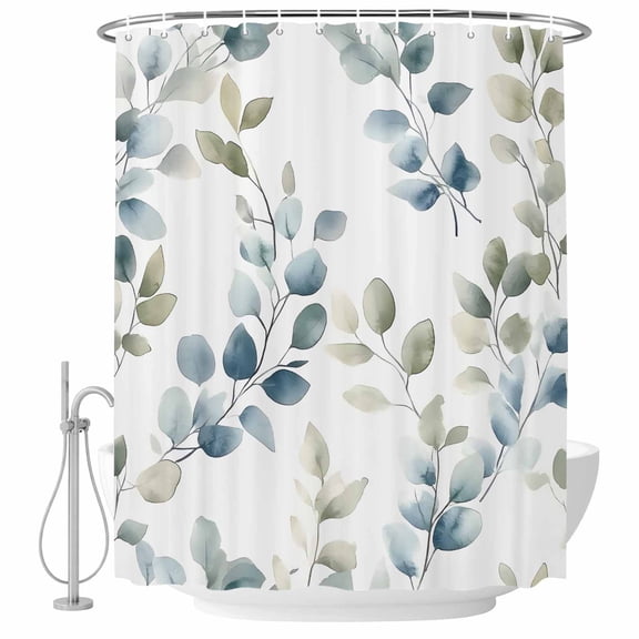 Teal Blue Botanical Shower Curtain Set - Extra Long 72" x 96" Washable Bathtub Curtain with 12 Hooks, Eucalyptus Leaves Watercolor Summer Waterproof Fabric Stall Shower Curtains for Bathroom Décor