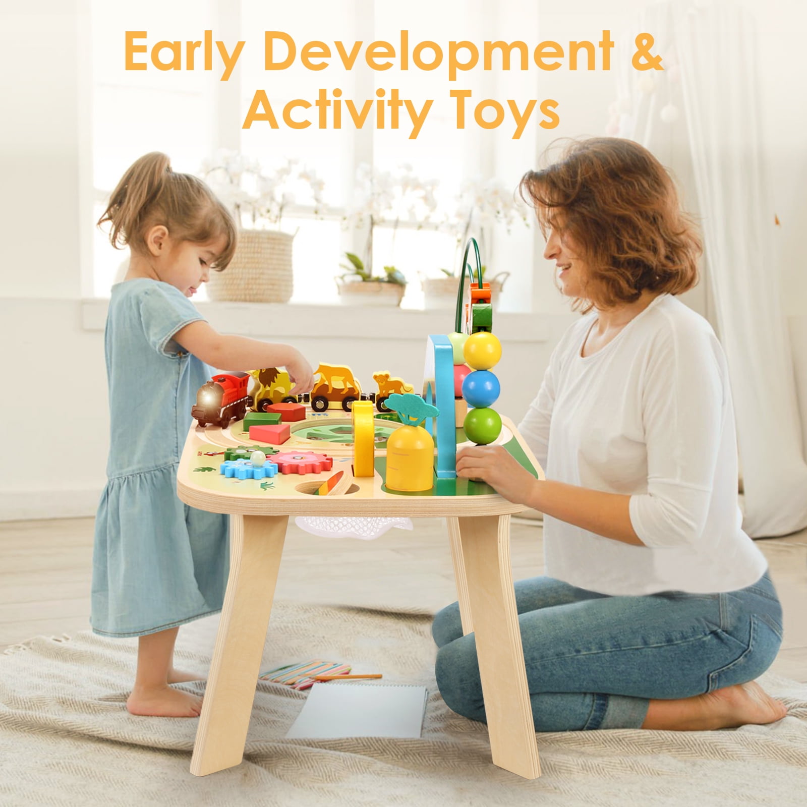OATHX Toy Bead Maze Train Track Toddler Activity Table Kids Wooden Montessori Learn Sensory Toys for 1-5 Year