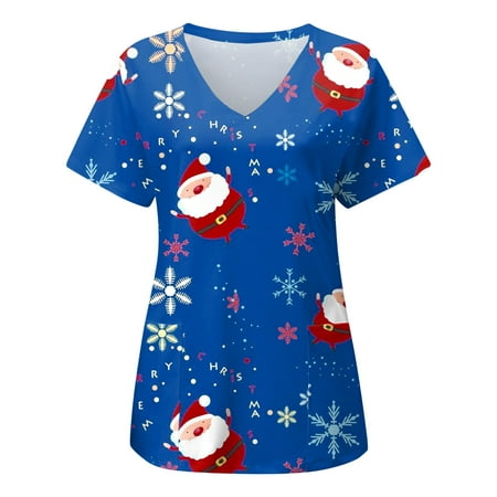 

Christmas Shirts for Women Cute Xmas Graphic Print Basic Fit Short Sleeve Scrub Top Fashion Streetwear Pullover Top