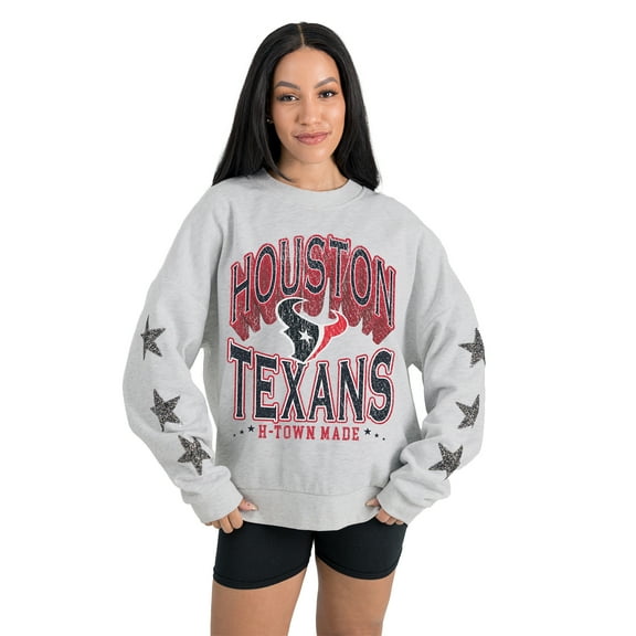 Women's Gameday Couture  Ash Houston Texans Resilience Relaxed Rhinestone Pullover Sweatshirt
