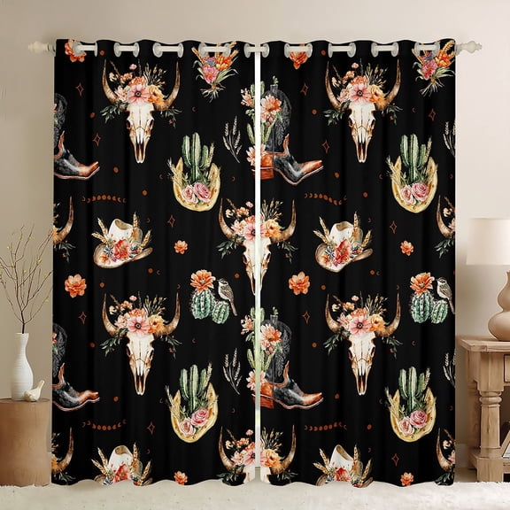Feelyou Tribal Western Boot Curtains Pack of 2 (42x84 Each) for Kids, Rustic Gothic Sheep Skull Curtains Blackout, Cactus Botanical Bedroom Curtains, Blackout Curtains Home Decor
