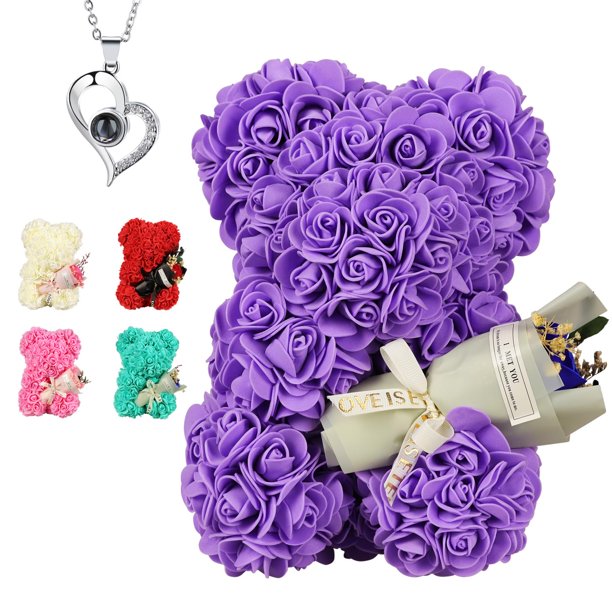 K Kymake Regalos Del Día De San Valentín Para Ella Oso De Rosa Regalos Para Mujer Oso De Peluche Rosa Regalos De Cumpleaños Para Novia Esposa Oso De Flores Con Collar Te Amo En 100 Idiomas