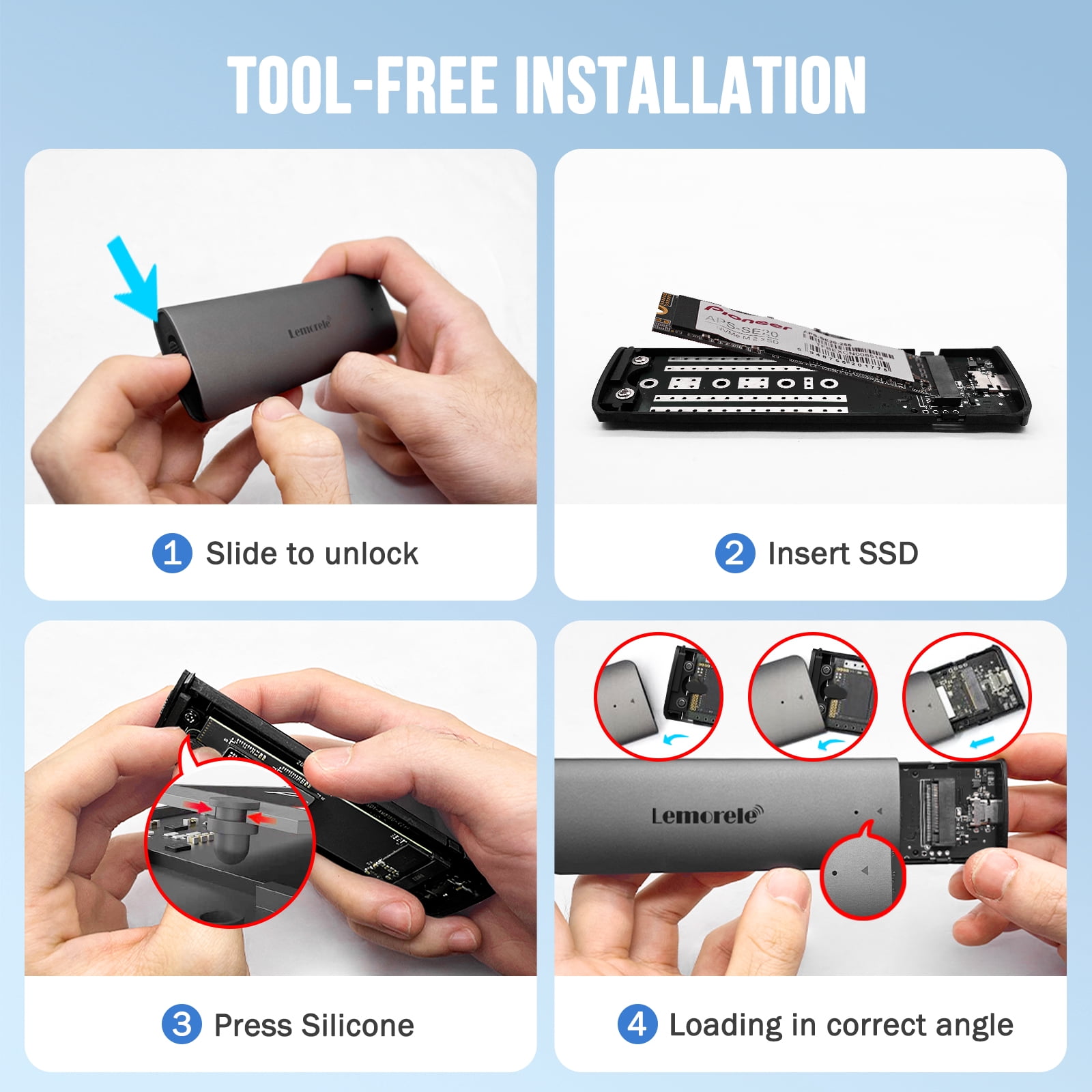 Lemorele NVMe SSD Enclosure, USB 3.2 Gen 2 NVMe SSD Enclosure Adapter, Suitable for M-Key and M+B Key 2230/2242/2260/2280, Capacity 4TB Tool-Free Installation