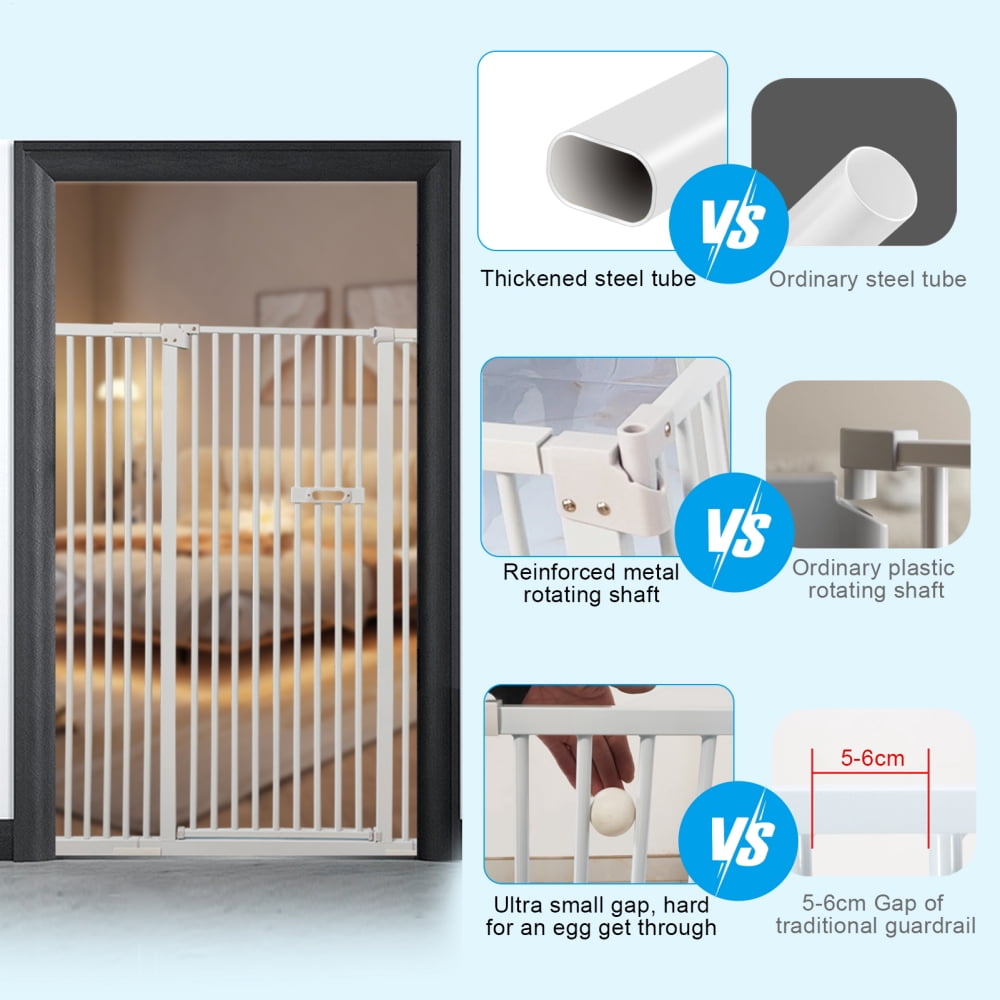 XIANERS 59 Inch High Extra Tall Cat Gate with Doors Locks Narrow Bar Spacing, Pressure Mounted 1.38inch Door Page Fence Spacing, Cat Door Way Indoor Use, White