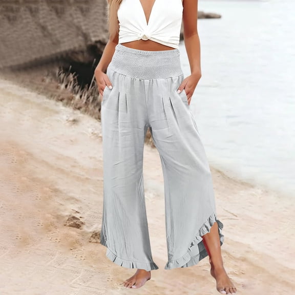Nestiefly Women Linen Pants Summer Wide Leg Pants Smocked Waist Ruffle Hem Palazzo Pant Boho Flowy Beach Pant with Pocket 2026 Light Blue S