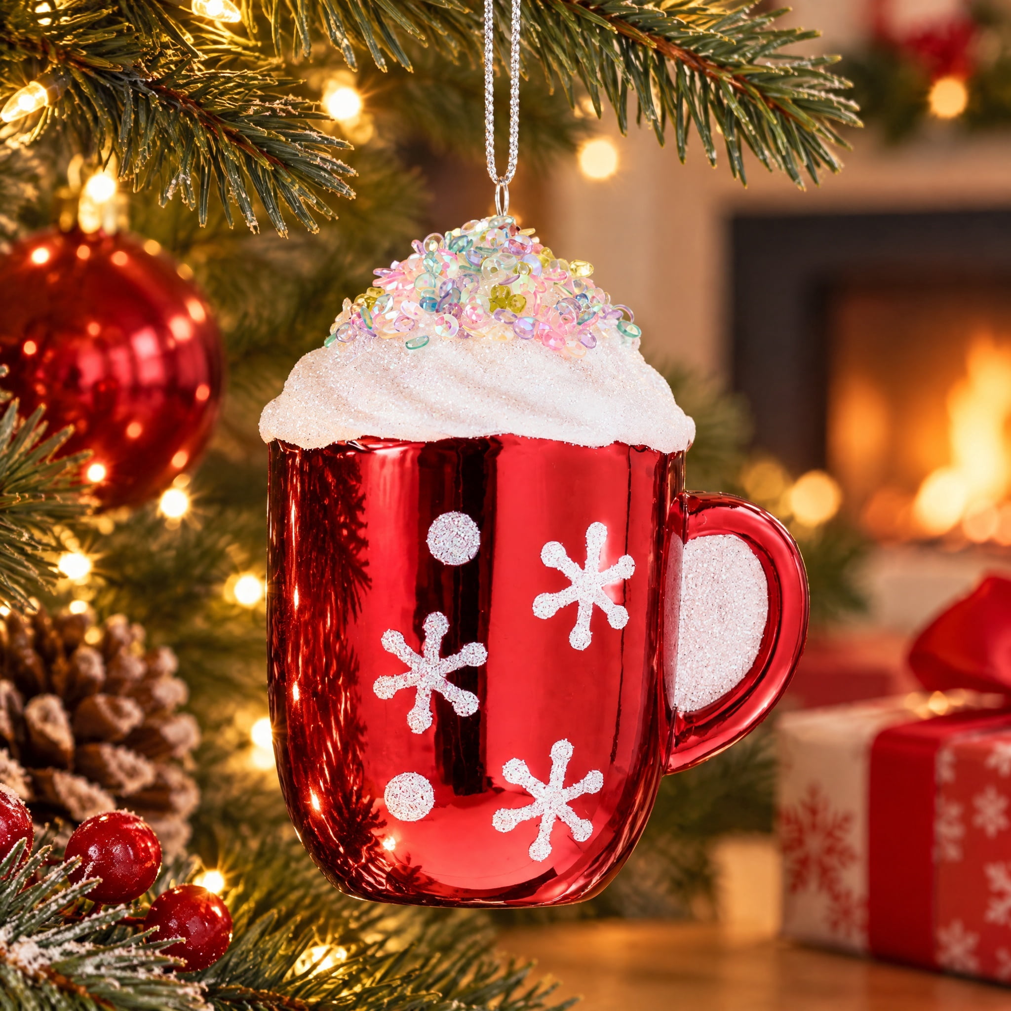 Red and White Glitter Hot Cocoa Christmas Ornament, 3.5", by Holiday Time