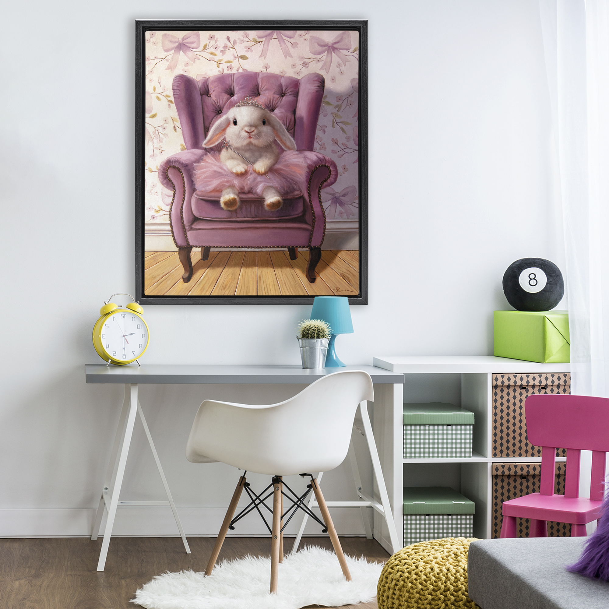 Pink Princess Tutu Bunny Black Framed Floater Canvas Wall Art, design by Lucia Heffernan