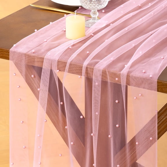 Greenpod 2 Pack Pearl Table Runner Pink Tulle 10FT, Sheer Chiffon Cheesecloth for Wedding Birthday Baby Shower Bridal Anniversary Holiday Party Table Decoration