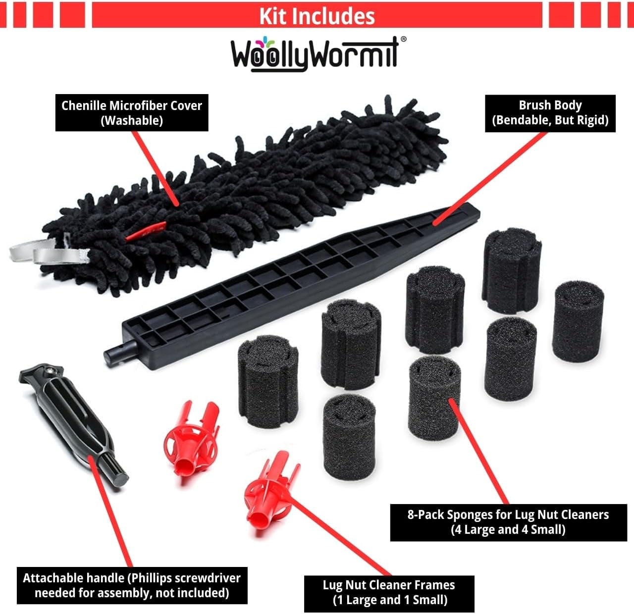 Woollywormit Wheel Cleaning Brush Kit - Rim, Brush, Lug Nut Cleaner