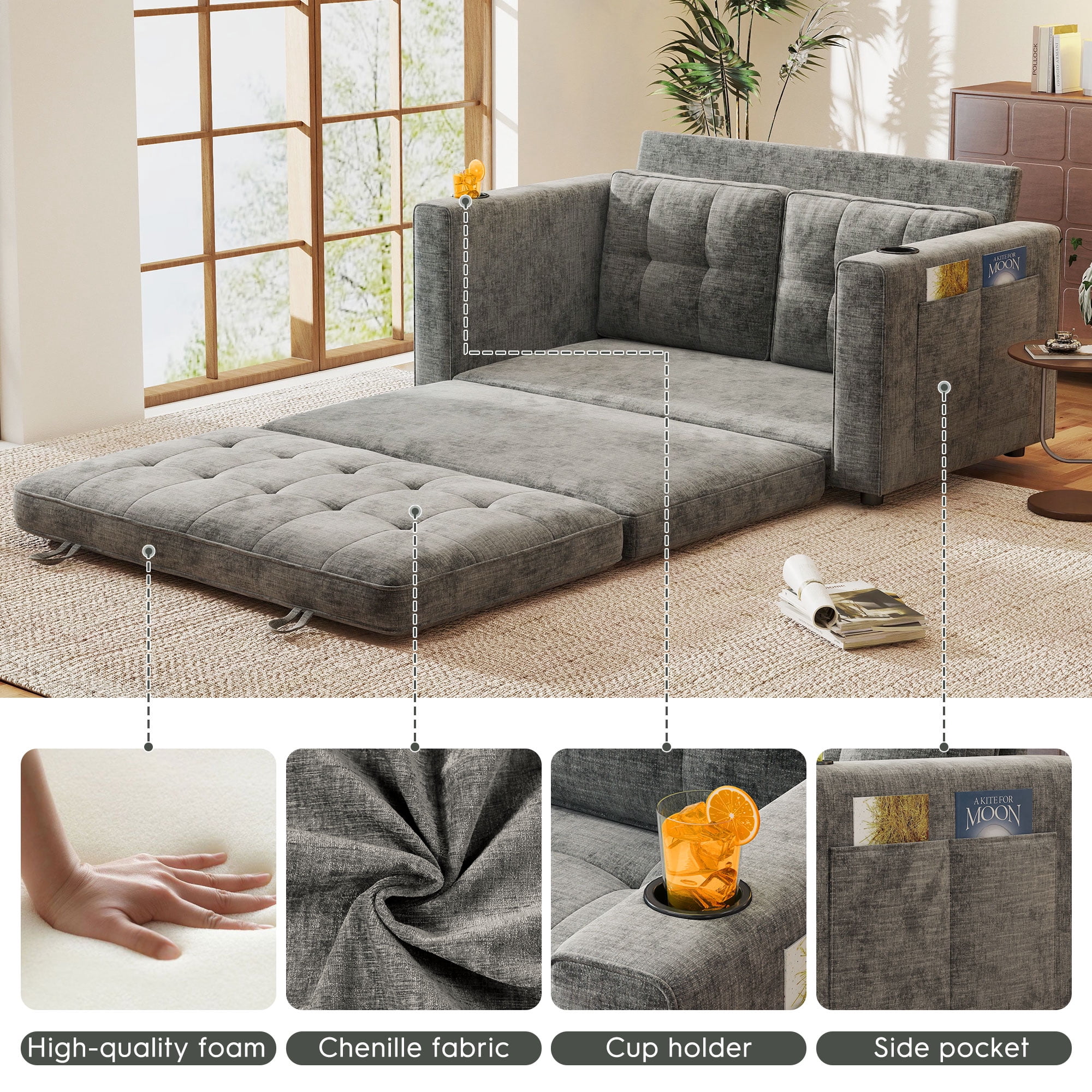 BedLuxury 55" Foldable Loveseat Futon Sofa Bed with Cup Holder & Storage Pocket, Sleeper Couch, Space Saving, Chenille Gray