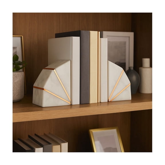 Set of 2 Modern Geometric Bookends - Marble with Inlay Heavy-Duty Decorative Supports for Home, Office, Bedroom, and Living Room - 6", 6" White