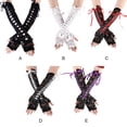 thumbnail image 3 of Lace Gloves Long Ribbon Elbow Length Half-Finger Hollow Out Holes Arm Sleeves Fingerless Mittens Fishnet Mesh Cosplay Costume Black, 3 of 7