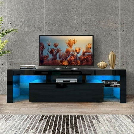 CAIDI Glossy LED TV Stand Entertainment Cabinet for 70 in TV Media Player Game Console (Black)